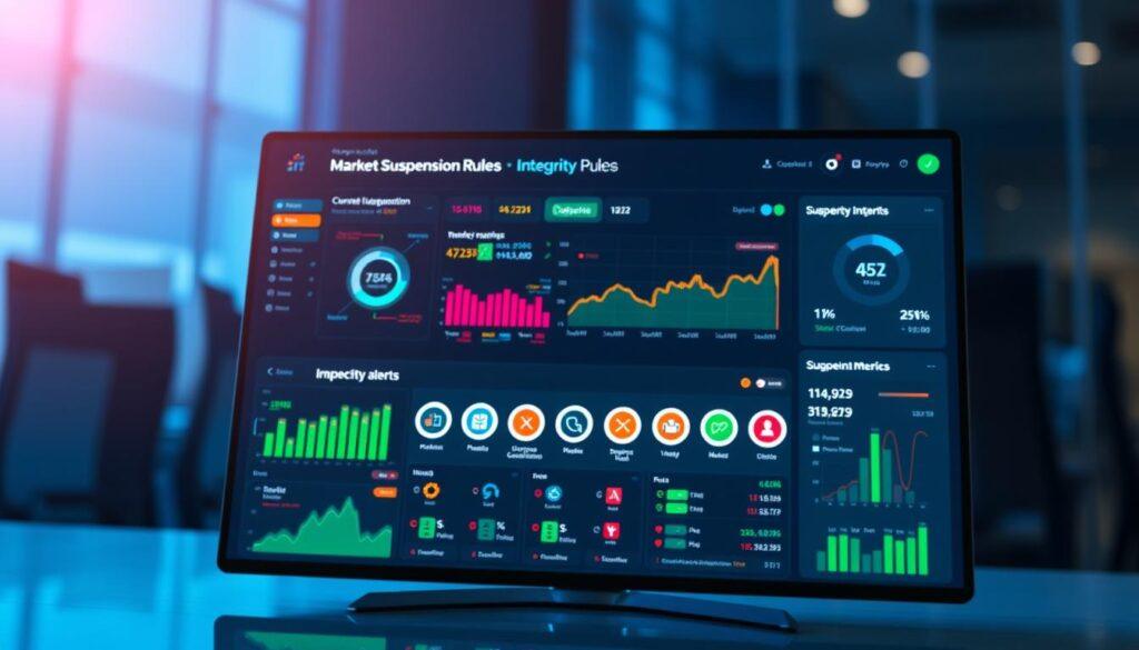 A sleek, modern dashboard interface for market suspension rules, displaying colorful, interactive graphs, and integrity feeds metrics. In the foreground, a detailed screen shows real-time alerts and data analytics, with various widgets assessing compliance status and risk factors. The middle layer features an organized layout with icons representing different market sectors, providing a clear overview of suspension integrity. In the background, a subtle gradient of blue and green tones enhances the tech-centric theme, with soft, ambient lighting illuminating the screen. The atmosphere is professional and engaged, reflecting a high-tech business environment. Capture the scene from a slightly elevated angle to provide depth, emphasizing the clarity and functionality of the dashboard without any text or branding elements.