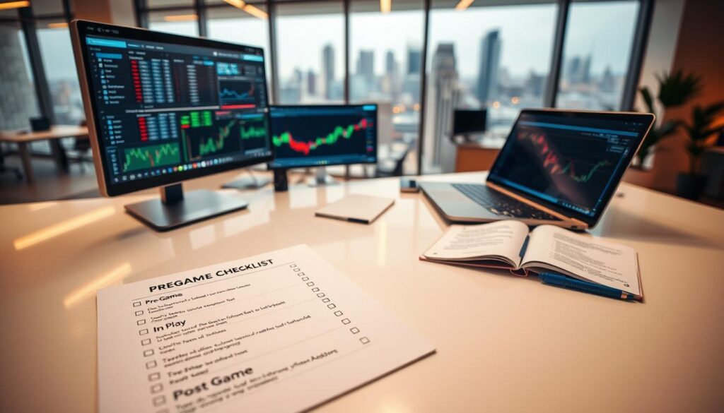 A trading desk setup featuring a comprehensive checklist laid out on a clean, modern surface. In the foreground, a detailed checklist includes categories such as "Pre-Game," "In-Play," and "Post-Game," with bullet points for specific tasks. The middle ground showcases a high-tech monitor displaying live market data and analytical charts, while a sleek laptop lies open beside a notepad filled with handwritten notes and highlighted strategies. In the background, a softly lit office space with large windows reveals a bustling cityscape. The atmosphere exudes a sense of focused diligence and preparation, with warm lighting creating an inviting yet professional mood. The scene depicts an organized and efficient trading environment without any text or branding elements. A trading desk setup featuring a comprehensive checklist laid out on a clean, modern surface. In the foreground, a detailed checklist includes categories such as "Pre-Game," "In-Play," and "Post-Game," with bullet points for specific tasks. The middle ground showcases a high-tech monitor displaying live market data and analytical charts, while a sleek laptop lies open beside a notepad filled with handwritten notes and highlighted strategies. In the background, a softly lit office space with large windows reveals a bustling cityscape. The atmosphere exudes a sense of focused diligence and preparation, with warm lighting creating an inviting yet professional mood. The scene depicts an organized and efficient trading environment without any text or branding elements.
