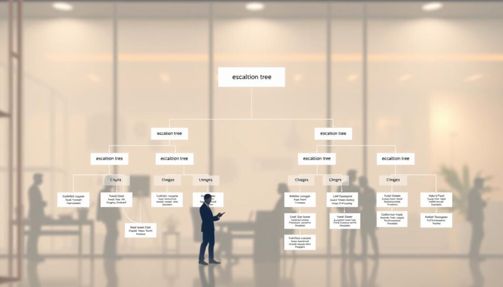 An elegant, detailed illustration of an escalation tree depicting a structured decision-making process. The foreground features a clear, hierarchical flowchart layout with distinct levels for different escalation stages, each represented by labeled nodes in a sleek, modern design. The middle layer showcases icons or symbols representing various stakeholders, including roles such as managers and team leaders, depicted in professional business attire, engaged in discussions. The background includes a soft gradient showcasing abstract office elements, creating an environment that conveys professionalism and efficiency. Soft, focused lighting highlights the chart, giving it depth and clarity, while a warm color palette enhances the atmosphere of collaboration and urgency, ensuring the image remains visually striking and thematically relevant. An elegant, detailed illustration of an escalation tree depicting a structured decision-making process. The foreground features a clear, hierarchical flowchart layout with distinct levels for different escalation stages, each represented by labeled nodes in a sleek, modern design. The middle layer showcases icons or symbols representing various stakeholders, including roles such as managers and team leaders, depicted in professional business attire, engaged in discussions. The background includes a soft gradient showcasing abstract office elements, creating an environment that conveys professionalism and efficiency. Soft, focused lighting highlights the chart, giving it depth and clarity, while a warm color palette enhances the atmosphere of collaboration and urgency, ensuring the image remains visually striking and thematically relevant.