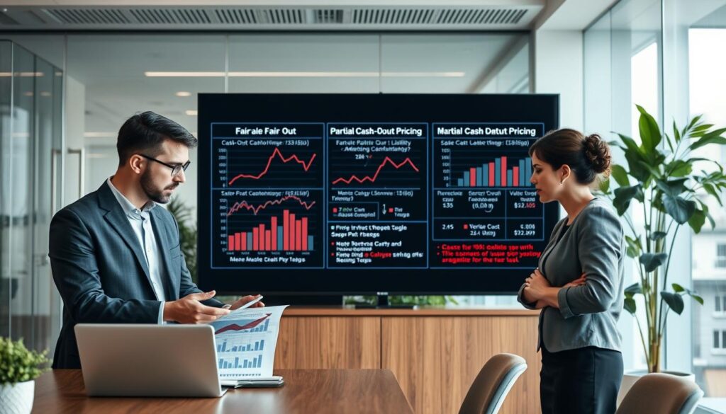 An office scene depicting financial analysts engaged in a mortgage refinancing analysis, highlighting "Fair Value vs. Margin Load". In the foreground, two professionals in business attire (a man in a tailored suit and a woman in a smart blouse and skirt) are discussing charts on a laptop. The middle ground features a large screen displaying complex graphs and figures related to cash-out and partial cash-out pricing, with notes on liability and abuse prevention. The background showcases a modern office with glass walls, soft natural light streaming in, and plants for a touch of freshness. The atmosphere is focused and collaborative, evoking a sense of urgency and importance in evaluating financial strategies. The camera angle is slightly elevated, providing a comprehensive view of the working environment. An office scene depicting financial analysts engaged in a mortgage refinancing analysis, highlighting "Fair Value vs. Margin Load". In the foreground, two professionals in business attire (a man in a tailored suit and a woman in a smart blouse and skirt) are discussing charts on a laptop. The middle ground features a large screen displaying complex graphs and figures related to cash-out and partial cash-out pricing, with notes on liability and abuse prevention. The background showcases a modern office with glass walls, soft natural light streaming in, and plants for a touch of freshness. The atmosphere is focused and collaborative, evoking a sense of urgency and importance in evaluating financial strategies. The camera angle is slightly elevated, providing a comprehensive view of the working environment.