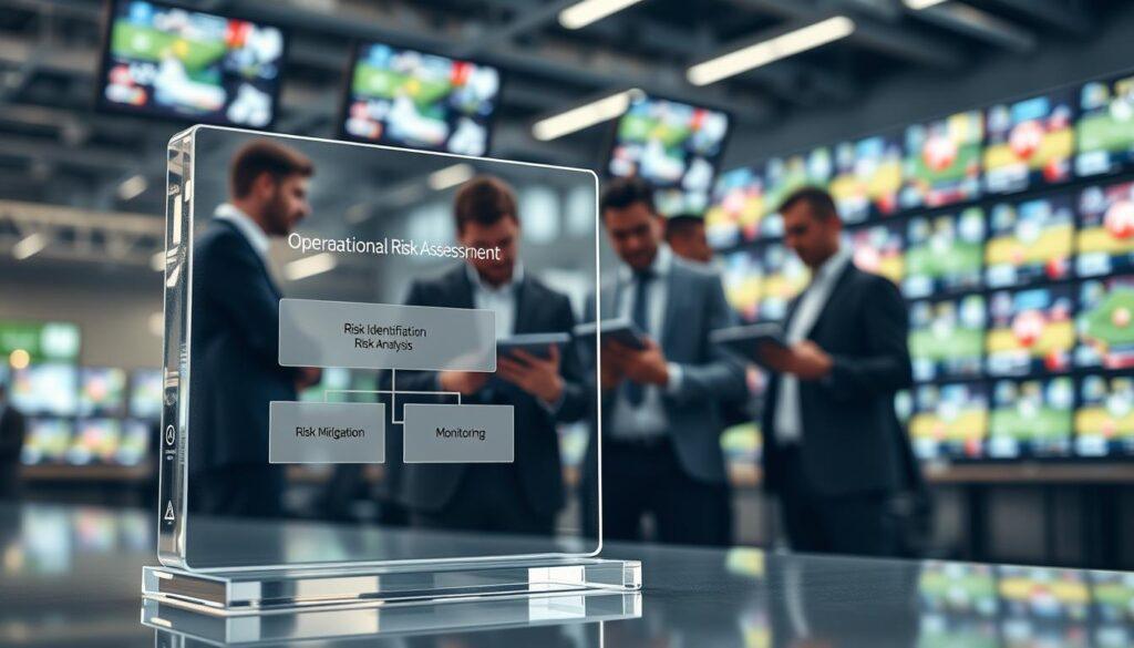 A conceptual illustration of an operational risk assessment framework in the context of sports betting. The foreground features a sleek, transparent 3D model of a risk assessment flowchart, highlighting key components like Risk Identification, Risk Analysis, Risk Mitigation, and Monitoring. In the middle ground, professionals dressed in business attire collaborate around the model, analyzing data with digital tablets. The background shows a blurred image of a sports betting office filled with monitors displaying live sports events. Use soft, natural lighting to create a professional and focused atmosphere, with a slight depth of field effect to emphasize the foreground. The overall mood is serious and analytical, reflecting a strong commitment to risk management. A conceptual illustration of an operational risk assessment framework in the context of sports betting. The foreground features a sleek, transparent 3D model of a risk assessment flowchart, highlighting key components like Risk Identification, Risk Analysis, Risk Mitigation, and Monitoring. In the middle ground, professionals dressed in business attire collaborate around the model, analyzing data with digital tablets. The background shows a blurred image of a sports betting office filled with monitors displaying live sports events. Use soft, natural lighting to create a professional and focused atmosphere, with a slight depth of field effect to emphasize the foreground. The overall mood is serious and analytical, reflecting a strong commitment to risk management.