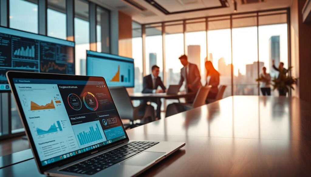 A contemporary office setting with advanced compliance monitoring tools prominently displayed on multiple screens. In the foreground, a sleek laptop shows real-time analytics and risk assessment dashboards. In the middle, a diverse team of professionals in business attire collaborates around a table, studying charts and graphs. The background features floor-to-ceiling windows with a city skyline view, allowing natural light to brighten the space. Subtle reflections on glass add depth, creating a dynamic environment. A warm, focused atmosphere is conveyed through soft lighting, emphasizing productivity and teamwork. The perspective captures the essence of innovation and vigilance in compliance monitoring, highlighting the tools essential for managing regulatory risks.