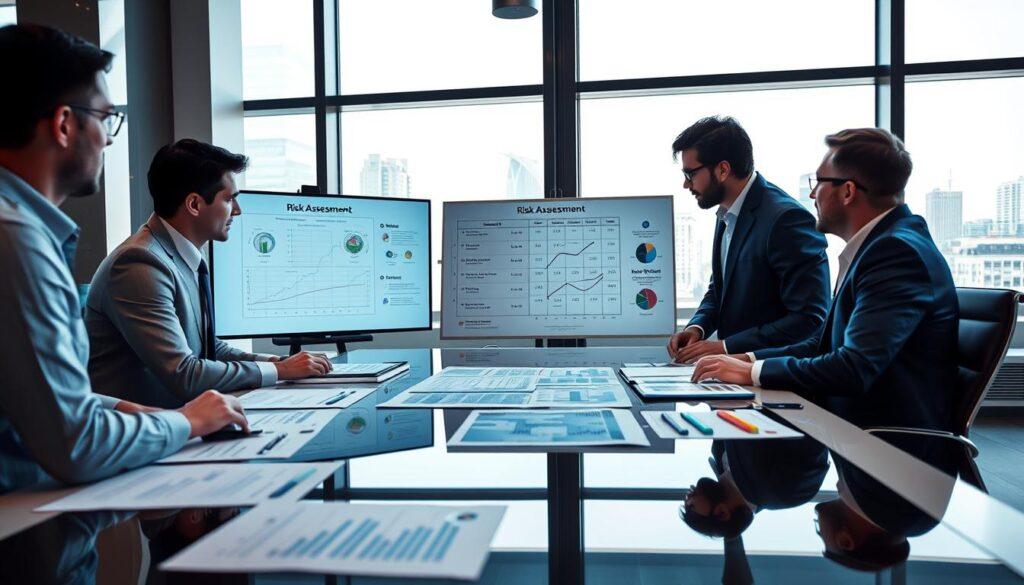 A detailed risk assessment evaluation scene in a modern office setting. In the foreground, a diverse team of professionals in business attire (two men and one woman) is gathered around a sleek conference table covered with risk analysis charts and data reports. They are engaged in an intense discussion, pointing to a large digital screen displaying a risk matrix, highlighting potential hazards in sports betting. The middle ground features a whiteboard filled with strategic notes and diagrams illustrating risk quantification methods. In the background, large windows let in natural light, providing a view of a cityscape. The atmosphere is focused and analytical, conveying a sense of urgency and professionalism, with cool color tones and sharp contrasts to enhance the mood. The image should be sharp and well-lit, as if taken with a 50mm lens. A detailed risk assessment evaluation scene in a modern office setting. In the foreground, a diverse team of professionals in business attire (two men and one woman) is gathered around a sleek conference table covered with risk analysis charts and data reports. They are engaged in an intense discussion, pointing to a large digital screen displaying a risk matrix, highlighting potential hazards in sports betting. The middle ground features a whiteboard filled with strategic notes and diagrams illustrating risk quantification methods. In the background, large windows let in natural light, providing a view of a cityscape. The atmosphere is focused and analytical, conveying a sense of urgency and professionalism, with cool color tones and sharp contrasts to enhance the mood. The image should be sharp and well-lit, as if taken with a 50mm lens.