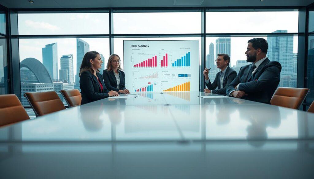 A modern corporate office setting illustrating management strategies for high-risk profiles. In the foreground, a diverse group of three professionals—two women and one man—are engaged in a strategic discussion around a sleek conference table, all dressed in professional business attire. In the middle ground, a large screen displays charts and graphs relating to risk analysis and management strategies, casting a soft glow across the room. In the background, large windows reveal a bustling cityscape, symbolizing the dynamic nature of risk in business. The lighting is bright and focused, creating an atmosphere of concentration and collaboration. The angle of the shot is slightly elevated, capturing the entire scene while emphasizing the engaged expressions of the professionals. A modern corporate office setting illustrating management strategies for high-risk profiles. In the foreground, a diverse group of three professionals—two women and one man—are engaged in a strategic discussion around a sleek conference table, all dressed in professional business attire. In the middle ground, a large screen displays charts and graphs relating to risk analysis and management strategies, casting a soft glow across the room. In the background, large windows reveal a bustling cityscape, symbolizing the dynamic nature of risk in business. The lighting is bright and focused, creating an atmosphere of concentration and collaboration. The angle of the shot is slightly elevated, capturing the entire scene while emphasizing the engaged expressions of the professionals.
