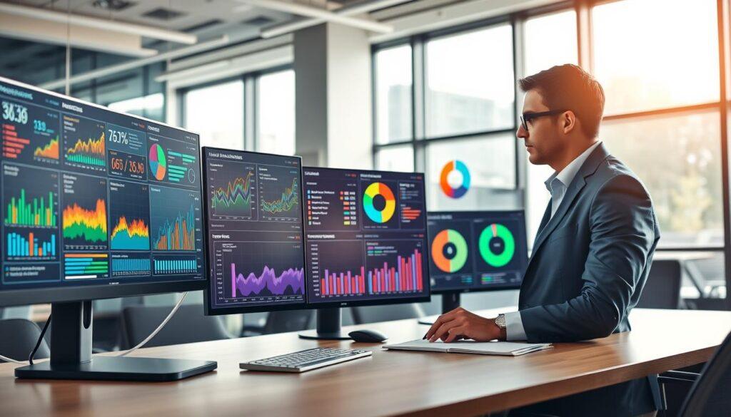A modern office environment showcasing advanced player risk monitoring tools. In the foreground, a sleek computer desk featuring multiple screens displaying colorful analytics dashboards filled with graphs, player demographics, and risk indicators. A professional in business attire is focused on one of the screens, using a stylus to interact with the data. In the middle ground, there's a high-tech monitor with real-time data visualizations of player behaviors, while another screen shows pie charts representing risk categories. In the background, large windows allow natural light to flood the space, illuminating the cutting-edge technology. The atmosphere is serious yet innovative, suggesting an environment where risk assessment is a priority. The image captures a moment of deep analysis, emphasizing the importance of data in player management strategies. A modern office environment showcasing advanced player risk monitoring tools. In the foreground, a sleek computer desk featuring multiple screens displaying colorful analytics dashboards filled with graphs, player demographics, and risk indicators. A professional in business attire is focused on one of the screens, using a stylus to interact with the data. In the middle ground, there's a high-tech monitor with real-time data visualizations of player behaviors, while another screen shows pie charts representing risk categories. In the background, large windows allow natural light to flood the space, illuminating the cutting-edge technology. The atmosphere is serious yet innovative, suggesting an environment where risk assessment is a priority. The image captures a moment of deep analysis, emphasizing the importance of data in player management strategies.