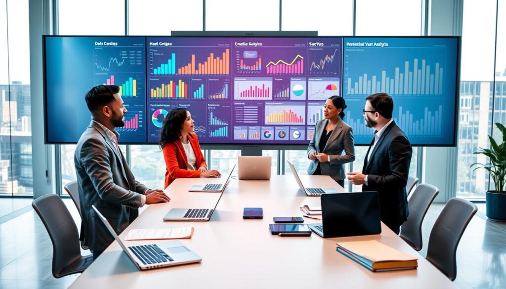 A modern office space featuring a large digital screen displaying colorful graphs, charts, and analytics dashboards, symbolizing data-driven decision making. In the foreground, a diverse group of three professionals engaged in discussion, wearing professional business attire. In the middle ground, a sleek conference table scattered with laptops, tablets, and notepads filled with notes. The background includes large windows letting in soft natural light, providing a bright and airy atmosphere. The mood is collaborative and focused, emphasizing teamwork in analyzing data for effective risk management. The scene should use a slightly elevated angle to capture the depth of the space, with balanced lighting that highlights the technology and the engaged expressions of the professionals.
