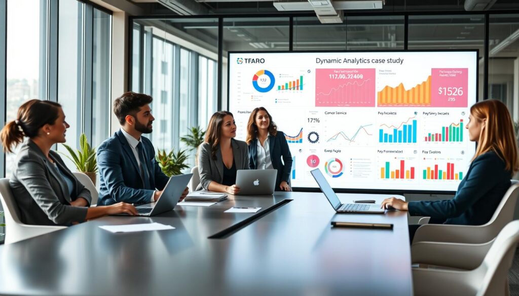 A professional business meeting setting showcasing a dynamic analytics case study on a large screen. In the foreground, a diverse group of three business professionals, a man and two women, dressed in smart casual attire, are engaged in thoughtful discussion around a sleek conference table with laptops and papers scattered. The middle ground features a large digital display showing colorful graphs, charts, and key performance indicators, illustrating risk management data trends. The background displays a modern office environment with glass walls and potted plants, creating an inviting atmosphere. Soft, natural light streams in through large windows, enhancing the focus on collaboration and innovation. The overall mood is proactive, inspiring, and focused on data-driven decision-making.