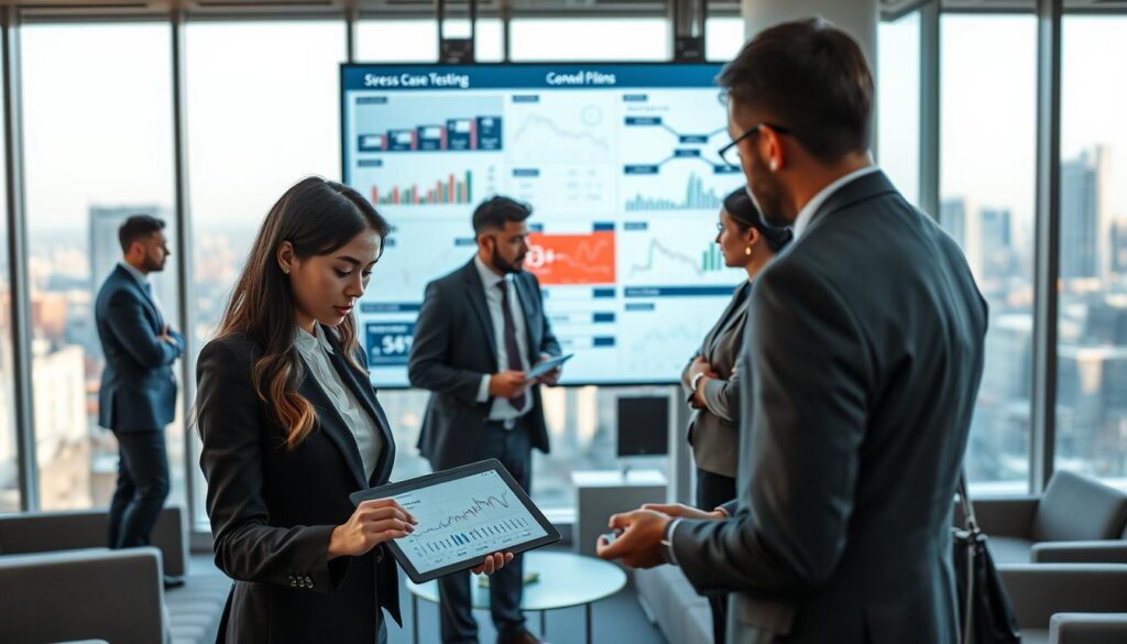A professional office environment depicting a group of diverse business professionals engaged in a stress testing scenario planning session. In the foreground, a focused female analyst in smart attire examines a detailed chart of worst-case scenarios on a digital tablet. In the middle, a group of three professionals, including a Caucasian man in a suit and an Asian woman in business attire, collaboratively review complex data on a large screen displaying various risk management graphs and contingency plans. In the background, a modern office with sleek furniture and large windows showcasing a city skyline, illuminated by soft, natural lighting. The mood is analytical and intense, capturing the urgency of preparing for potential operational risks in the betting industry, highlighting teamwork and strategic planning. A professional office environment depicting a group of diverse business professionals engaged in a stress testing scenario planning session. In the foreground, a focused female analyst in smart attire examines a detailed chart of worst-case scenarios on a digital tablet. In the middle, a group of three professionals, including a Caucasian man in a suit and an Asian woman in business attire, collaboratively review complex data on a large screen displaying various risk management graphs and contingency plans. In the background, a modern office with sleek furniture and large windows showcasing a city skyline, illuminated by soft, natural lighting. The mood is analytical and intense, capturing the urgency of preparing for potential operational risks in the betting industry, highlighting teamwork and strategic planning.
