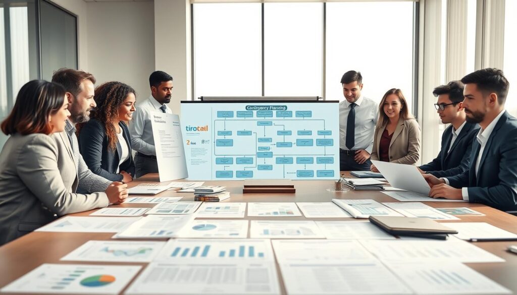 A professional office setting showcasing a team engaged in contingency planning. In the foreground, a group of diverse business professionals, dressed in smart business attire, is gathered around a large conference table covered with charts, risk assessment reports, and strategy documents. In the middle ground, a digital whiteboard displays a detailed flowchart illustrating rapid response protocols. The background features large windows letting in natural light, creating a bright and collaborative atmosphere. A sense of urgency and focus fills the room, with team members actively discussing and brainstorming solutions. The lighting is bright and clean, enhancing the mood of determination and readiness. The shot is captured from a slightly elevated angle, emphasizing teamwork and dynamic engagement. A professional office setting showcasing a team engaged in contingency planning. In the foreground, a group of diverse business professionals, dressed in smart business attire, is gathered around a large conference table covered with charts, risk assessment reports, and strategy documents. In the middle ground, a digital whiteboard displays a detailed flowchart illustrating rapid response protocols. The background features large windows letting in natural light, creating a bright and collaborative atmosphere. A sense of urgency and focus fills the room, with team members actively discussing and brainstorming solutions. The lighting is bright and clean, enhancing the mood of determination and readiness. The shot is captured from a slightly elevated angle, emphasizing teamwork and dynamic engagement.