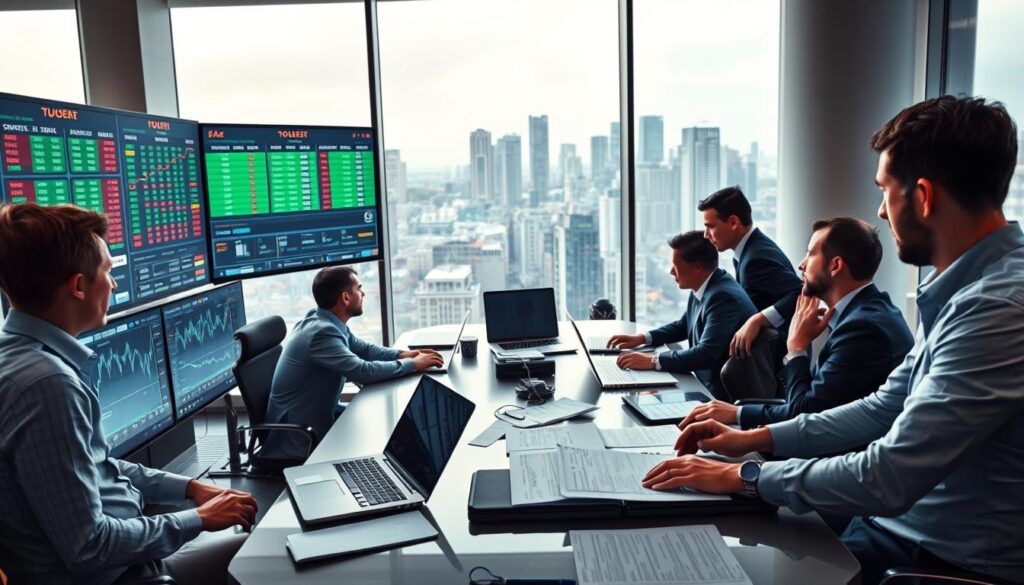 A sophisticated sports betting operations room, with a large digital dashboard displaying live betting odds and market data. In the foreground, a diverse team of professionals in business attire is engaged in analysis, reviewing screens filled with graphs and statistics. The middle ground features a sleek conference table scattered with laptops and reports, highlighting the critical nature of market risk assessment. The background portrays large windows overlooking a bustling cityscape, with soft, ambient lighting creating a focused yet dynamic atmosphere. The scene captures the tension and urgency of betting operations, emphasizing the concept of volatility in the sports betting market. The overall mood is professional and analytical, reflecting the importance of informed decision-making in identifying and managing market risk.