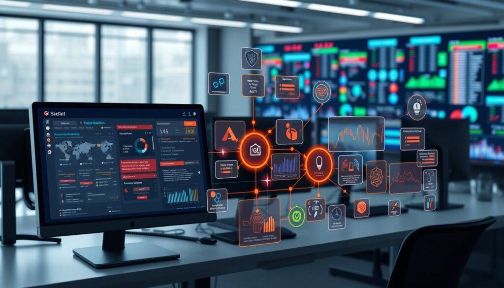 A detailed illustration of a fraud detection system architecture in a sports betting environment. In the foreground, visualize a sleek computer interface displaying real-time data metrics, alerts, and graphs analyzing betting patterns. The middle layer should feature interconnected nodes representing various components like data sources, machine learning algorithms, and analytical tools, all highlighted in a vibrant color scheme to emphasize functionality. The background should consist of a modern office space with multiple monitors and a digital wall showing dynamic data visualizations. Use soft lighting to create a professional atmosphere, with a slight focus blur on the background to maintain attention on the architecture. Capture a sense of innovation and security, suggesting the critical nature of effective detection systems in preventing fraud.