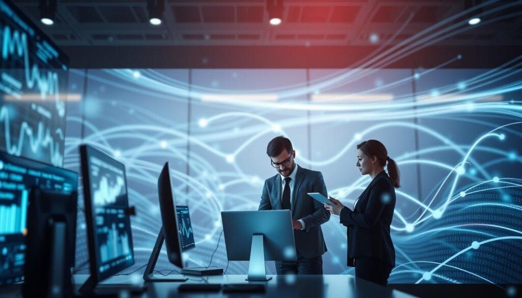 A digital representation of a "Continuous Improvement Fraud Detection Feedback Loop" in the context of sports betting operations. In the foreground, sleek, modern visual elements symbolize data analysis, such as charts, graphs, and interconnected nodes, all displayed on screens. In the middle ground, a professional team of two individuals, dressed in smart business attire, collaboratively discussing strategies with a digital tablet and a computer in front of them. The background showcases an abstract digital landscape, with swirling lines and binary code that represent data flow and analysis. Soft, ambient lighting focuses on the individuals and screens, creating a serious yet optimistic atmosphere. The angle is slightly overhead, showcasing the collaboration and data-driven focus of the scene.