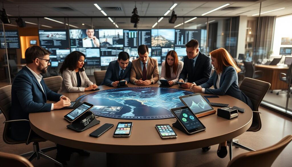 A modern crisis response coordination room, featuring a sleek round table surrounded by diverse professionals in business attire, intensely focused on a large digital display showing real-time data and maps. In the foreground, a close-up of high-tech tablets and smartphones showcasing communication apps and emergency management interfaces. The middle ground presents the team collaborating, with a sense of urgency and teamwork. The background boasts a glass wall revealing a bustling command center with screens displaying live feeds and situation reports. Soft, ambient lighting casts a professional yet tense atmosphere, emphasizing the importance of effective communication in crisis management. The overall mood conveys urgency and cooperation, ideal for addressing crisis response strategies. A modern crisis response coordination room, featuring a sleek round table surrounded by diverse professionals in business attire, intensely focused on a large digital display showing real-time data and maps. In the foreground, a close-up of high-tech tablets and smartphones showcasing communication apps and emergency management interfaces. The middle ground presents the team collaborating, with a sense of urgency and teamwork. The background boasts a glass wall revealing a bustling command center with screens displaying live feeds and situation reports. Soft, ambient lighting casts a professional yet tense atmosphere, emphasizing the importance of effective communication in crisis management. The overall mood conveys urgency and cooperation, ideal for addressing crisis response strategies.