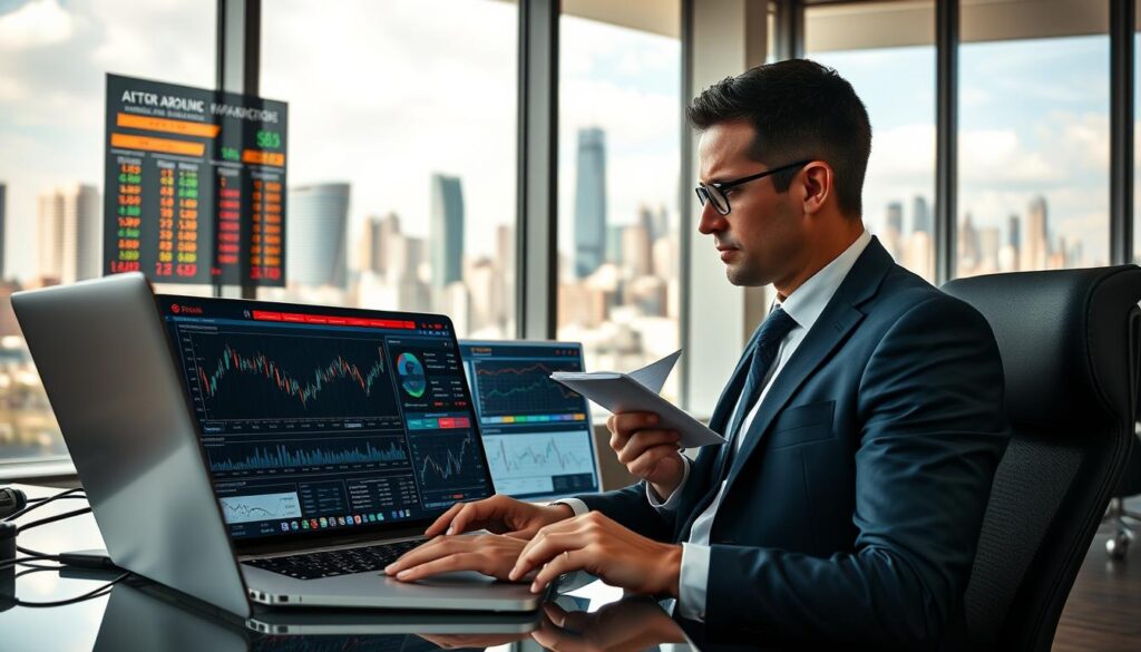 A professional sports analyst in a modern office setting, examining various charts and data on a sleek laptop, surrounded by a large digital display showing sports betting odds and risk management strategies. The foreground features a close-up of the computer screen filled with graphs and risk assessment metrics. In the middle, the analyst, dressed in business attire, looks thoughtful while making notes in a notepad. In the background, large windows reveal a bustling cityscape, symbolizing emerging sports betting markets. The scene is well-lit with natural light, creating a focused and strategic atmosphere. The overall mood conveys professionalism, analysis, and the dynamic nature of the sports betting industry. A professional sports analyst in a modern office setting, examining various charts and data on a sleek laptop, surrounded by a large digital display showing sports betting odds and risk management strategies. The foreground features a close-up of the computer screen filled with graphs and risk assessment metrics. In the middle, the analyst, dressed in business attire, looks thoughtful while making notes in a notepad. In the background, large windows reveal a bustling cityscape, symbolizing emerging sports betting markets. The scene is well-lit with natural light, creating a focused and strategic atmosphere. The overall mood conveys professionalism, analysis, and the dynamic nature of the sports betting industry.