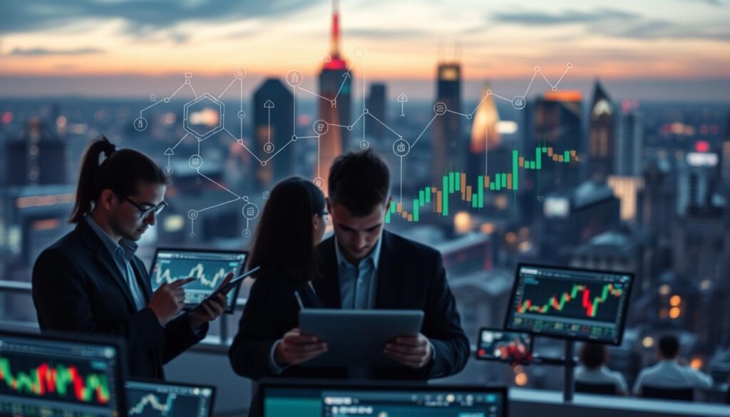 A visually engaging scene showcasing the complex dynamics of risk identification in betting markets. In the foreground, a diverse group of professionals in business attire analyze data on digital screens, intently studying graphs and charts that illustrate fluctuating betting odds. The middle layer presents interconnecting arrows and symbols representing market trends and risk factors, while colorful charts rise from a blurred background of a bustling city skyline at dusk, symbolizing emerging markets. Soft, ambient lighting casts a professional yet dynamic atmosphere, with a slight focal blur to emphasize the analysis taking place in the foreground. The overall mood conveys urgency and focus, highlighting the critical environment of sports betting analytics. A visually engaging scene showcasing the complex dynamics of risk identification in betting markets. In the foreground, a diverse group of professionals in business attire analyze data on digital screens, intently studying graphs and charts that illustrate fluctuating betting odds. The middle layer presents interconnecting arrows and symbols representing market trends and risk factors, while colorful charts rise from a blurred background of a bustling city skyline at dusk, symbolizing emerging markets. Soft, ambient lighting casts a professional yet dynamic atmosphere, with a slight focal blur to emphasize the analysis taking place in the foreground. The overall mood conveys urgency and focus, highlighting the critical environment of sports betting analytics.