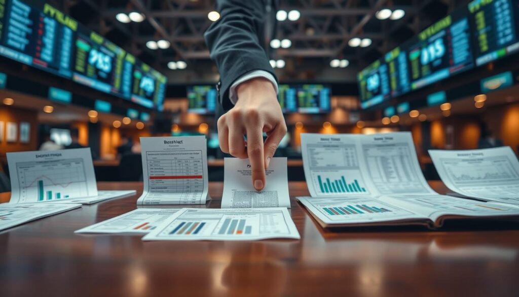 A visually striking illustration of portfolio diversification in the context of betting operations. In the foreground, a polished wooden table displays various betting slips and charts, showcasing different betting strategies and outcomes. In the middle, a hand in a professional business attire reaches for a slip, symbolizing careful decision-making. The background features a blurred view of a bustling betting environment, with screens displaying odds and live feeds. The scene is well-lit with soft ambient lighting, creating a focused yet dynamic atmosphere. A wide-angle perspective captures the depth of the setting while emphasizing the intricate details on the table. The mood conveys a blend of excitement and strategic planning, reflecting the essence of applying diversification principles effectively in betting.