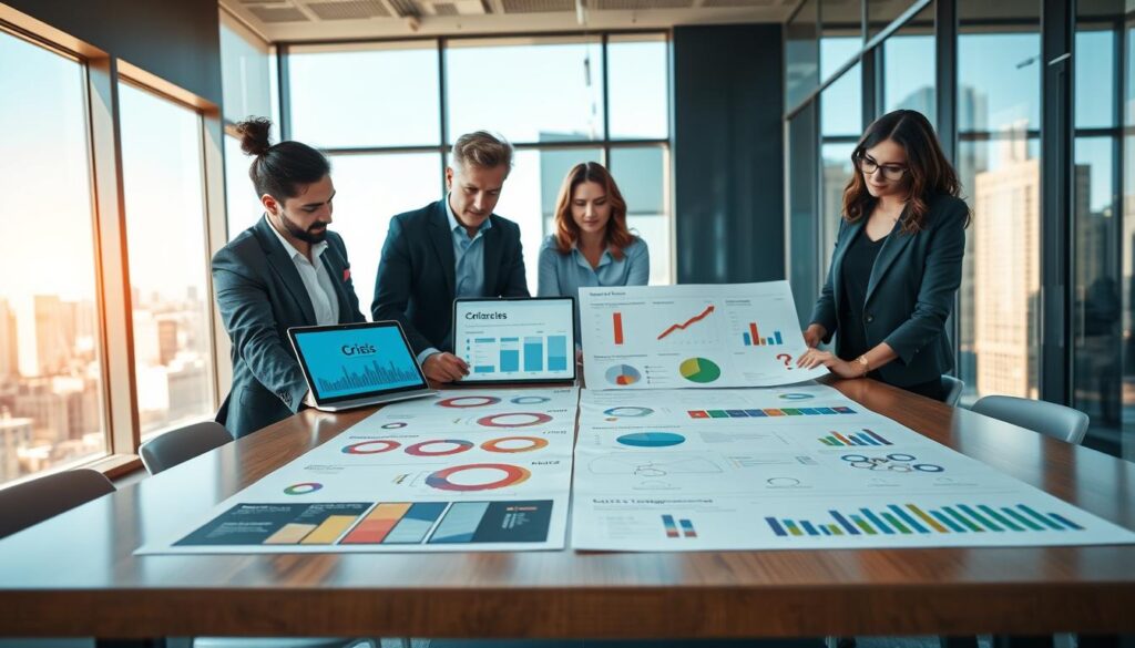 A well-organized and visually appealing communication strategies plan, displayed on a large, modern conference table in a brightly lit office environment. In the foreground, a diverse team of professionals—two men and two women—are analyzing colorful flowcharts and graphs printed on high-quality paper, dressed in smart business attire. The middle ground features digital devices like laptops and tablets showing visual aids related to crisis management. In the background, large windows let in natural light, with a clear view of a city skyline, creating a dynamic and optimistic atmosphere. The lighting is bright and warm, enhancing a collaborative mood. The composition highlights teamwork, strategizing, and effective planning without any text or overlays. A well-organized and visually appealing communication strategies plan, displayed on a large, modern conference table in a brightly lit office environment. In the foreground, a diverse team of professionals—two men and two women—are analyzing colorful flowcharts and graphs printed on high-quality paper, dressed in smart business attire. The middle ground features digital devices like laptops and tablets showing visual aids related to crisis management. In the background, large windows let in natural light, with a clear view of a city skyline, creating a dynamic and optimistic atmosphere. The lighting is bright and warm, enhancing a collaborative mood. The composition highlights teamwork, strategizing, and effective planning without any text or overlays.