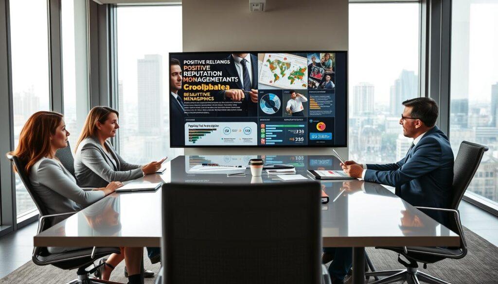A dynamic public relations strategy meeting set in a modern office environment. In the foreground, a diverse group of four professionals, dressed in smart business attire, engage in a lively discussion around a sleek conference table, analyzing data on digital devices. The middle layer features a large screen displaying positive media coverage and infographics related to reputation management in sports betting. The background showcases large windows with a city skyline, allowing natural light to flood the room, enhancing the atmosphere of focus and collaboration. The mood is energetic yet professional, emphasizing proactive communication strategies with an air of optimism and teamwork, captured with a wide-angle lens for depth.