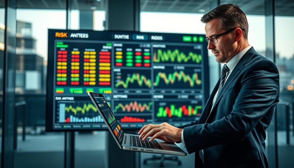A dynamic scene illustrating "Quantitative Risk Models" in the context of sports betting strategy. In the foreground, a professional analyst, dressed in business attire, intently examines complex graphs and statistical data on a sleek laptop. The middle ground features a large digital display showcasing real-time betting odds and risk assessments, with colorful charts and data visualizations. In the background, a modern office environment with glass walls and city views enhances the professional atmosphere. Soft, focused lighting illuminates the workspace, creating a serious yet innovative mood. The angle captures the analyst with the data in sharp detail, emphasizing a sense of urgency and strategic decision-making in risk management. A dynamic scene illustrating "Quantitative Risk Models" in the context of sports betting strategy. In the foreground, a professional analyst, dressed in business attire, intently examines complex graphs and statistical data on a sleek laptop. The middle ground features a large digital display showcasing real-time betting odds and risk assessments, with colorful charts and data visualizations. In the background, a modern office environment with glass walls and city views enhances the professional atmosphere. Soft, focused lighting illuminates the workspace, creating a serious yet innovative mood. The angle captures the analyst with the data in sharp detail, emphasizing a sense of urgency and strategic decision-making in risk management.