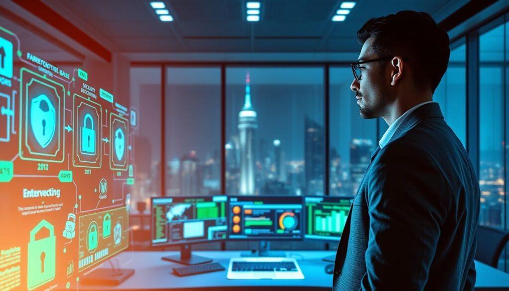 A futuristic office setting depicting cybersecurity as a core component. In the foreground, a professional in business attire is interacting with holographic security interfaces, showcasing data encryption and firewalls in vibrant blue and green colors. In the middle, a sleek workstation with multiple screens displaying network traffic and security monitoring dashboards, glowing in soft backlighting. The background features a modern city skyline visible through large windows, with digital security graphics overlaying the view. The lighting is dynamic, with a slight bluish hue creating an atmosphere of high-tech innovation and vigilance. The overall mood is serious yet optimistic, emphasizing the importance of cybersecurity in today's digital landscape. A futuristic office setting depicting cybersecurity as a core component. In the foreground, a professional in business attire is interacting with holographic security interfaces, showcasing data encryption and firewalls in vibrant blue and green colors. In the middle, a sleek workstation with multiple screens displaying network traffic and security monitoring dashboards, glowing in soft backlighting. The background features a modern city skyline visible through large windows, with digital security graphics overlaying the view. The lighting is dynamic, with a slight bluish hue creating an atmosphere of high-tech innovation and vigilance. The overall mood is serious yet optimistic, emphasizing the importance of cybersecurity in today's digital landscape.