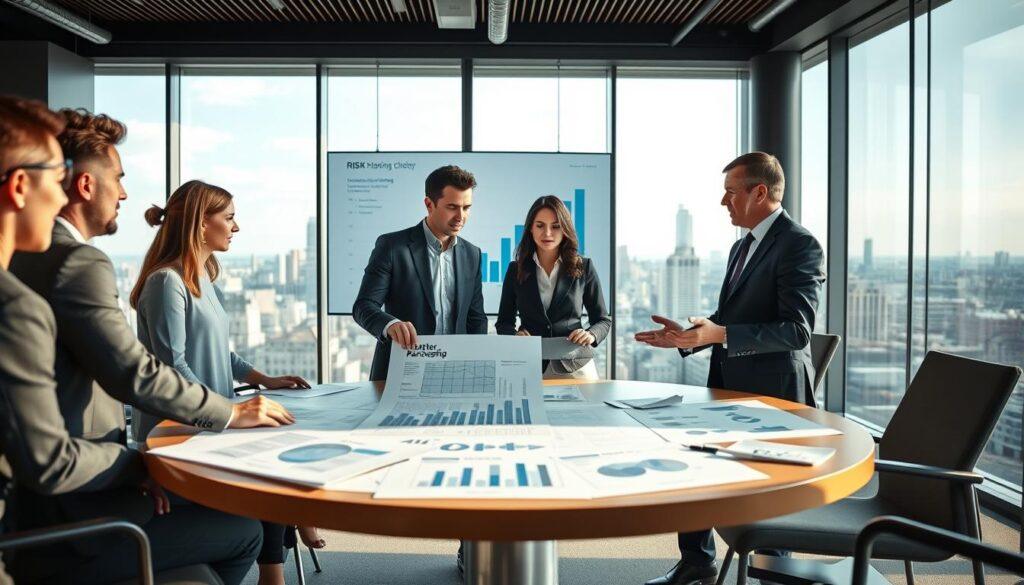 A modern office environment showcasing a diverse group of professionals engaged in a strategic partnership discussion. In the foreground, a round table filled with blueprints and charts illustrating risk sharing models. Two business partners, one male and one female, are gesturing towards the documents, wearing professional business attire, conveying a serious yet collaborative atmosphere. In the middle ground, a large presentation screen displays data analytics related to risk mitigation. The background features an expansive city skyline through large windows, symbolizing growth and opportunity. Soft, natural light streams in, creating a warm, inviting mood, with a lens focus that highlights the interaction at the table while softly blurring the background.