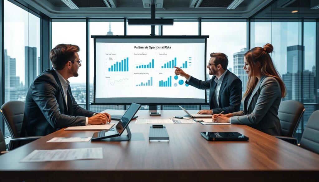 A professional business meeting taking place in a modern office environment, showcasing a diverse group of four colleagues engaged in a strategic discussion about partnership opportunities in betting operations. The foreground features a large conference table with digital devices, graphs, and documents. In the middle ground, two men and two women, dressed in professional business attire, collaborate intently, with one person pointing to a projection screen displaying market analysis charts. The background features large windows with a cityscape view, allowing natural light to illuminate the space, creating a dynamic and engaging atmosphere. The overall mood is focused and collaborative, symbolizing the importance of teamwork in mitigating operational risks.