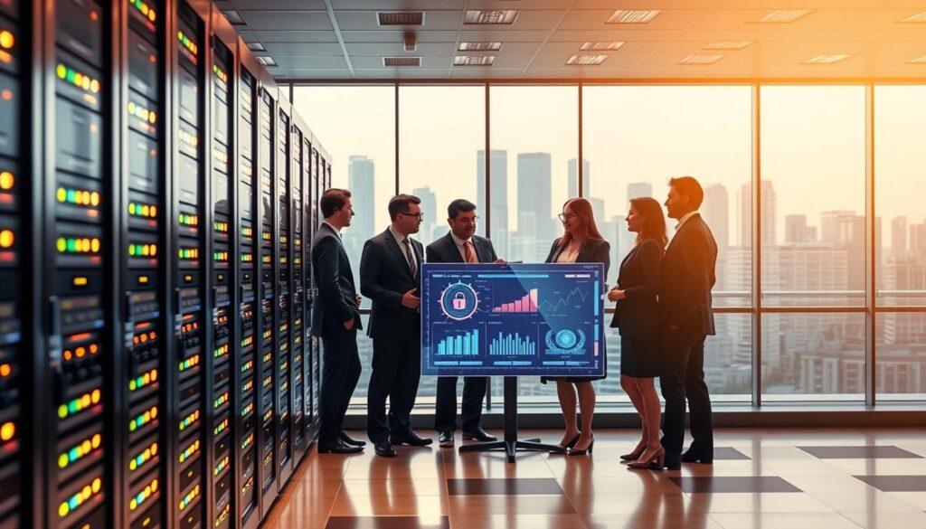 A sleek, modern data center representing system integrity, with rows of illuminated servers in the foreground, showcasing their shiny metal surfaces and LED lights. In the middle ground, a group of diverse professionals in business attire is discussing system innovations around a digital touchscreen displaying vibrant graphs and security metrics, embodying collaboration and forward-thinking. The background features large, glass walls revealing an urban skyline, symbolizing connectivity and technological advancement. Soft, ambient lighting enhances the scene, while warm tones create a sense of stability and trust. The overall atmosphere is one of innovation balanced with reliability, emphasizing the importance of cybersecurity in maintaining system integrity. A sleek, modern data center representing system integrity, with rows of illuminated servers in the foreground, showcasing their shiny metal surfaces and LED lights. In the middle ground, a group of diverse professionals in business attire is discussing system innovations around a digital touchscreen displaying vibrant graphs and security metrics, embodying collaboration and forward-thinking. The background features large, glass walls revealing an urban skyline, symbolizing connectivity and technological advancement. Soft, ambient lighting enhances the scene, while warm tones create a sense of stability and trust. The overall atmosphere is one of innovation balanced with reliability, emphasizing the importance of cybersecurity in maintaining system integrity.