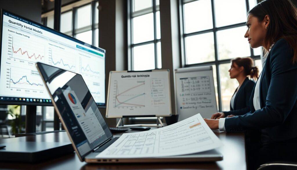 A sophisticated, modern office setting showcasing a team of three professionals, one male and two females, in business attire, collaboratively analyzing data on a large screen displaying complex quantitative risk models and graphs related to sports betting. In the foreground, a laptop with detailed risk analysis spreadsheets is open, highlighting metrics and algorithms. The middle ground features a whiteboard filled with equations and notes about model validation techniques. In the background, large windows allow natural light to flood the room, creating a bright and focused atmosphere. The overall mood is one of analytical intensity and teamwork, captured with a slight depth-of-field effect to emphasize the foreground elements. The camera angle is slightly elevated, providing a comprehensive view of the workspace. A sophisticated, modern office setting showcasing a team of three professionals, one male and two females, in business attire, collaboratively analyzing data on a large screen displaying complex quantitative risk models and graphs related to sports betting. In the foreground, a laptop with detailed risk analysis spreadsheets is open, highlighting metrics and algorithms. The middle ground features a whiteboard filled with equations and notes about model validation techniques. In the background, large windows allow natural light to flood the room, creating a bright and focused atmosphere. The overall mood is one of analytical intensity and teamwork, captured with a slight depth-of-field effect to emphasize the foreground elements. The camera angle is slightly elevated, providing a comprehensive view of the workspace.