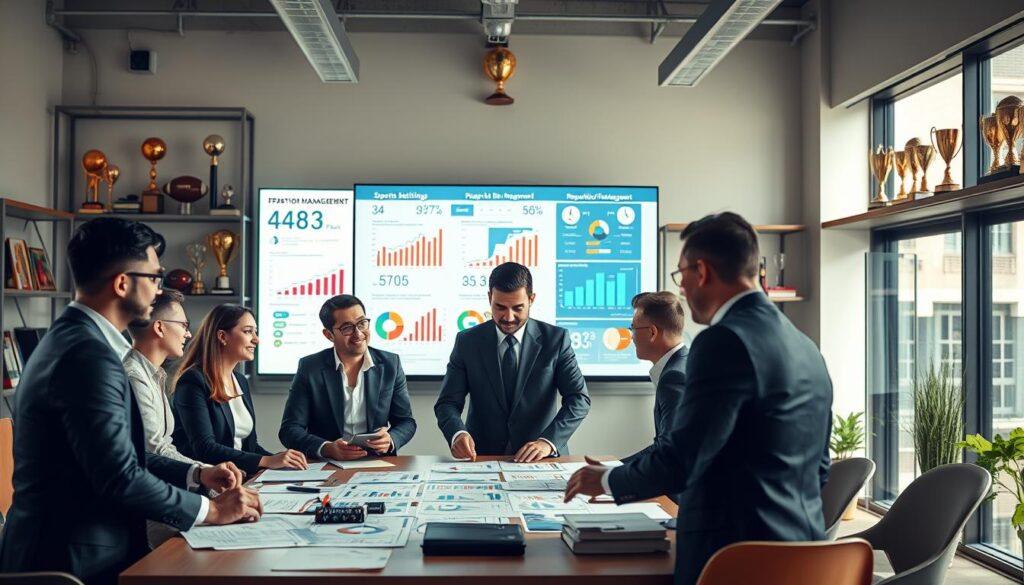 An office setting illustrating brand management strategies in sports betting. In the foreground, a diverse team of professionals dressed in smart business attire, engaging in a brainstorming session around a table filled with sports betting analytics, charts, and graphical presentations. In the middle ground, a large digital screen displays statistics and key performance indicators related to reputation management. The background shows shelves filled with sports memorabilia and trophies, creating an atmosphere of success and professionalism. The scene is brightly lit with natural light streaming in through large windows, adding a sense of optimism and clarity. The mood is focused and collaborative, emphasizing proactive strategies for reputation risk management in the sports betting industry.