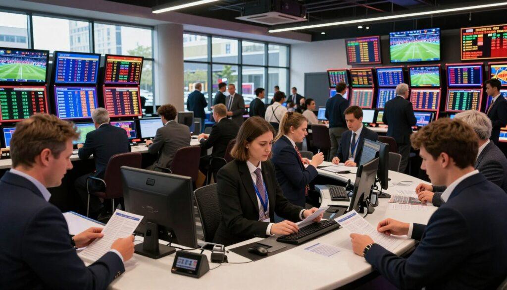 A bustling sports betting market scene showcasing dynamic betting activities. In the foreground, an elegant betting counter staffed by professionals in business attire, engaging with customers reviewing betting slips. The middle ground features multiple screens displaying live sporting events, odds, and betting trends with vibrant colors and a sense of urgency. The background showcases a modern urban sports betting facility with large windows, filled with eager patrons and bright lighting that conveys excitement. Include a mix of diverse individuals representing various ages and backgrounds. The atmosphere is lively yet professional, capturing the interplay between excitement and regulation in the world of sports betting. Use a wide-angle lens perspective to emphasize the scale and energy of the environment.
