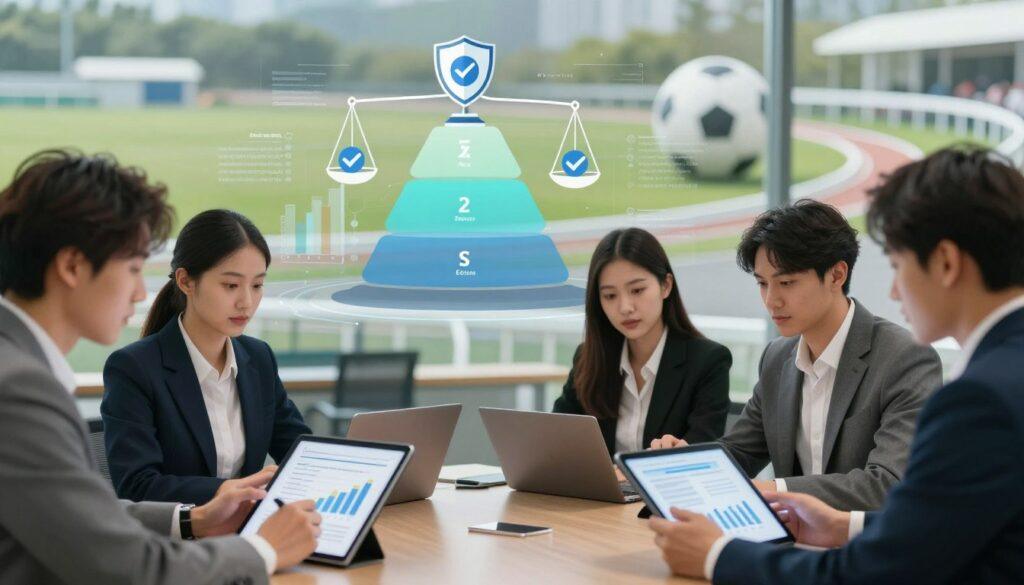 A detailed illustration of an ethical risk management framework in sports betting. In the foreground, a diverse group of professionals in formal business attire collaborates over digital tablets featuring graphs and ethical guidelines. In the middle, semi-transparent charts and diagrams convey risk assessment layers, depicting balance scales and integrity symbols like checkmarks and shields. The background features a subtle, abstract representation of a sports betting environment, integrating elements like a football and racetrack, creating an interconnected atmosphere. Soft, diffused lighting creates a professional yet inviting mood, with a focus on teamwork and ethical considerations. The image should be framed at a slight angle, captured with a moderate depth of field to emphasize the collaborative discussion in the foreground while keeping the background harmoniously blurred.