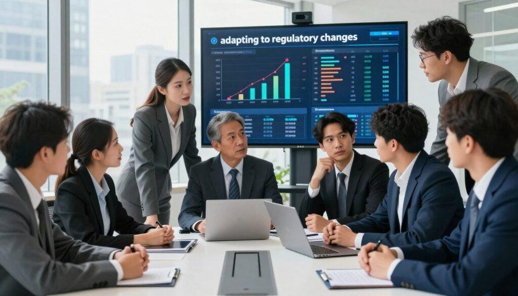 A dynamic and professional setting illustrating the theme of "adapting to regulatory changes" in sports betting. In the foreground, a diverse group of business professionals engaged in strategic discussions, all dressed in professional attire, are collaborating around a modern conference table. Their expressions convey focus and determination. In the middle ground, charts and digital screens display regulatory data and analytics, symbolizing the changing landscape of sports betting. The background features a large window showing a cityscape, suggesting a broader economic environment. Utilize bright, natural lighting to enhance a motivating atmosphere, with a slightly elevated angle to capture the group's synergy and engagement with the regulatory aspect. The overall mood should be one of proactive adaptation and strategic planning, devoid of any distractions or unrelated elements.