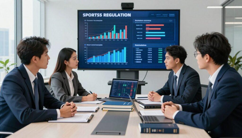 A dynamic scene illustrating the concept of legal regulations in sports betting, featuring a professional business setting. In the foreground, a diverse group of three individuals in smart business attire engages in a discussion at a sleek conference table stacked with sports betting regulation documents, legal books, and a laptop displaying data analytics. The middle layer shows a large, wall-mounted digital screen featuring graphs and charts representing data trends in sports betting regulations. In the background, a modern office with large windows showcases a city skyline under bright daylight, symbolizing opportunity. The atmosphere is focused and collaborative, with natural lighting highlighting the determination on the participants' faces, capturing the challenges and opportunities within the regulatory framework of sports betting. A dynamic scene illustrating the concept of legal regulations in sports betting, featuring a professional business setting. In the foreground, a diverse group of three individuals in smart business attire engages in a discussion at a sleek conference table stacked with sports betting regulation documents, legal books, and a laptop displaying data analytics. The middle layer shows a large, wall-mounted digital screen featuring graphs and charts representing data trends in sports betting regulations. In the background, a modern office with large windows showcases a city skyline under bright daylight, symbolizing opportunity. The atmosphere is focused and collaborative, with natural lighting highlighting the determination on the participants' faces, capturing the challenges and opportunities within the regulatory framework of sports betting.