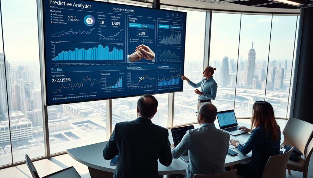A futuristic office setting with a large digital screen displaying complex predictive analytics graphs and data visualizations, highlighting trends and risk factors. In the foreground, a diverse group of three professionals in business attire, engaged in a collaborative discussion, pointing at the screen and taking notes. The middle ground features a sleek conference table with laptops open, displaying real-time analytics. The background shows a large window overlooking a city skyline, bathed in soft natural light, creating an optimistic atmosphere. Use a high-angle view to capture the dynamic interactions and focus on the technology. The overall mood is professional, innovative, and forward-thinking, representing proactive risk management through advanced data analysis.