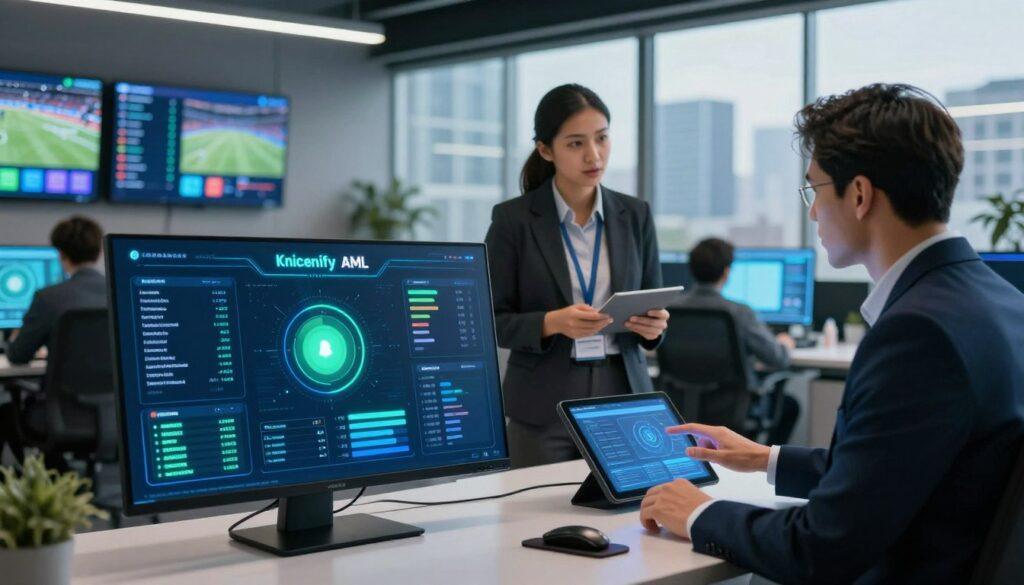 A futuristic visualization of the Kinectify AML platform in action, showcasing advanced compliance technology in the sports betting sector. In the foreground, there's a sleek, modern digital interface displaying real-time analytics and compliance data, illuminated in blue and green hues. The middle ground features diverse professionals in business attire—two individuals discussing data insights while another is interacting with a digital touchscreen. The background includes an office environment with large screens displaying sports events and compliance metrics, subtly blending into an urban skyline through large glass windows. The scene is brightly lit with soft, ambient lighting, creating a collaborative and innovative atmosphere. The composition is captured with a wide-angle lens to emphasize the technology's impact and the professionals’ engagement in the compliance process.