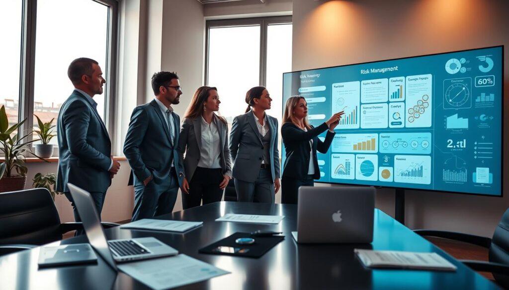 A modern and sleek risk management workspace, featuring a large digital display showcasing various risk management tools, graphs, and flowcharts. In the foreground, a diverse group of three professionals in business attire are engaged in a collaborative discussion, actively pointing at the display, conveying transparency and teamwork. The middle ground includes a stylish conference table with laptops, documents, and ethical guidelines for transparency. In the background, large windows allow natural light to flood the room, creating an inviting atmosphere. Soft, warm lighting enhances the professionalism of the scene. The overall mood is one of integrity and collaboration, reflecting the importance of ethical practices in risk management. The image should be composed with a slight upward angle to emphasize the collaborative environment and modern design. A modern and sleek risk management workspace, featuring a large digital display showcasing various risk management tools, graphs, and flowcharts. In the foreground, a diverse group of three professionals in business attire are engaged in a collaborative discussion, actively pointing at the display, conveying transparency and teamwork. The middle ground includes a stylish conference table with laptops, documents, and ethical guidelines for transparency. In the background, large windows allow natural light to flood the room, creating an inviting atmosphere. Soft, warm lighting enhances the professionalism of the scene. The overall mood is one of integrity and collaboration, reflecting the importance of ethical practices in risk management. The image should be composed with a slight upward angle to emphasize the collaborative environment and modern design.