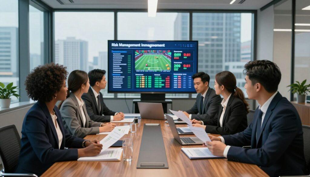 A modern office conference room set for a strategic meeting on risk management in sports betting, with a sleek wooden table surrounded by professional individuals in business attire. In the foreground, a diverse group of professionals, including a Black woman, a Hispanic man, and an Asian woman, intensely discussing documents and charts, showcasing engagement. The middle ground features a large screen displaying regulatory compliance graphics and sports betting statistics, illuminated by soft, focused lighting. In the background, glass windows provide a panoramic view of a bustling cityscape, representing the dynamic world of sports betting. The overall atmosphere is serious yet collaborative, emphasizing a commitment to aligning policies with regulatory demands through effective discussion and analysis.