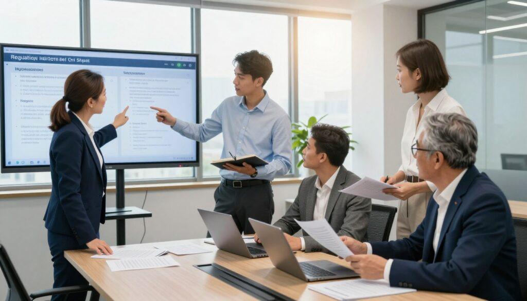 A modern office environment showcasing a diverse group of three professionals, engaged in a strategic meeting about sports betting regulations. In the foreground, a middle-aged woman in a navy business suit stands by a large screen displaying data on regulatory changes, pointing at key insights. Beside her, a young man dressed in a smart casual shirt takes notes, while an older gentleman in an elegant blazer studies a document. The middle ground features a sleek conference table with laptops and regulatory papers scattered about. In the background, large windows allow natural light to flood the room, casting a warm glow. The atmosphere conveys focus and determination, emphasizing collaboration and strategic thinking amidst evolving guidelines. The angle is slightly elevated, providing a comprehensive view of the interaction and the workspace.
