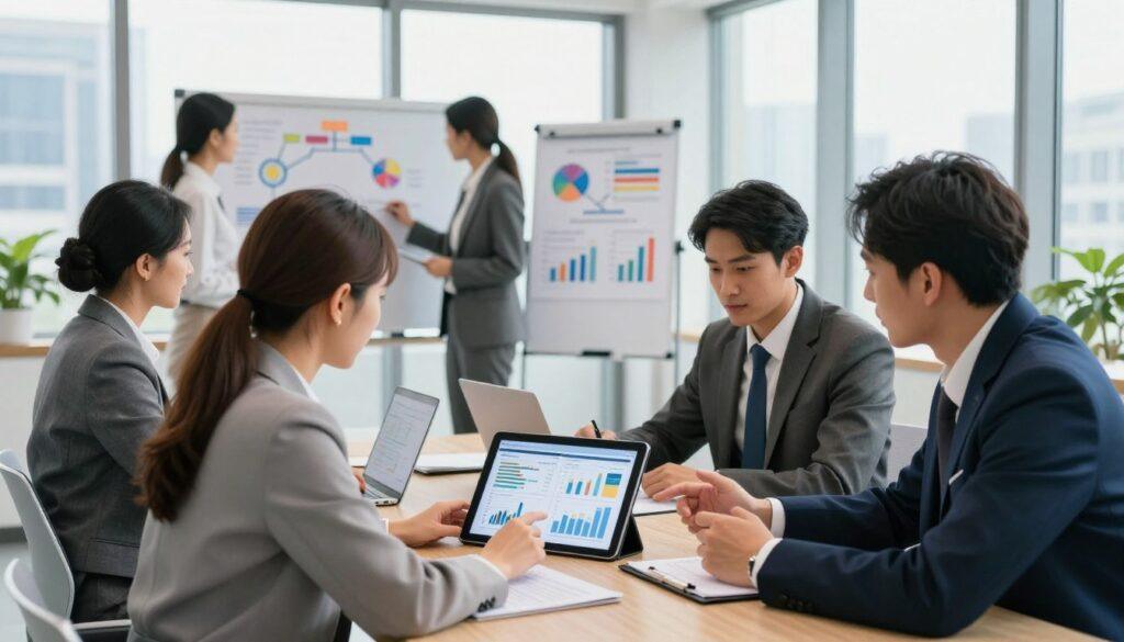 A modern office environment with a large conference table at the center, surrounded by diverse professionals in business attire engaged in strategic discussions. In the foreground, a diverse team of three individuals—one woman and two men—are reviewing a digital tablet displaying compliance graphs and risk assessment data, reflecting collaboration and focus. In the middle ground, whiteboards filled with colorful charts and diagrams illustrating integration strategies are visible, emphasizing the analytical aspect of compliance integration. The background features large windows with city views, letting in natural light that creates a bright and motivating atmosphere. The scene captures a sense of teamwork, professionalism, and innovation, with a slight depth of field effect for an engaging visual. The overall mood is productive and forward-thinking, conveying the importance of compliance in decision-making.