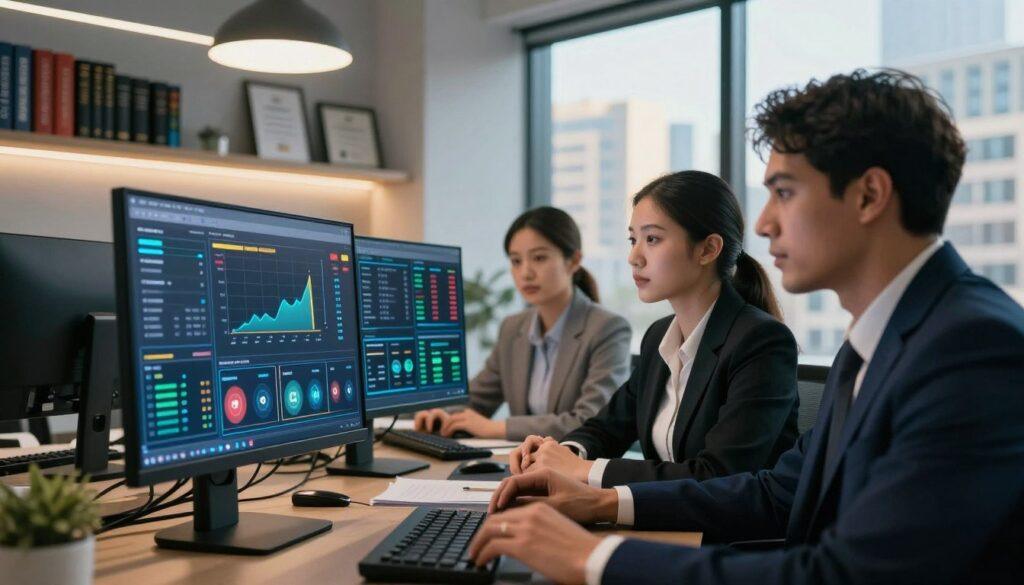A modern office setting emphasizing compliance in sports betting, featuring a diverse team of three professionals in business attire engaged around a high-tech computer display capturing real-time data. In the foreground, a close-up of their thoughtful faces shows concentration and determination. The middle layer showcases the glowing screen filled with graphs, charts, and alerts indicating monitoring tools. The background includes sleek shelves lined with regulatory books and framed certificates of compliance, softly illuminated by overhead lighting to create a focused atmosphere. A large window reveals a cityscape drenched in warm sunlight, enhancing the innovative and forward-thinking mood of the environment.