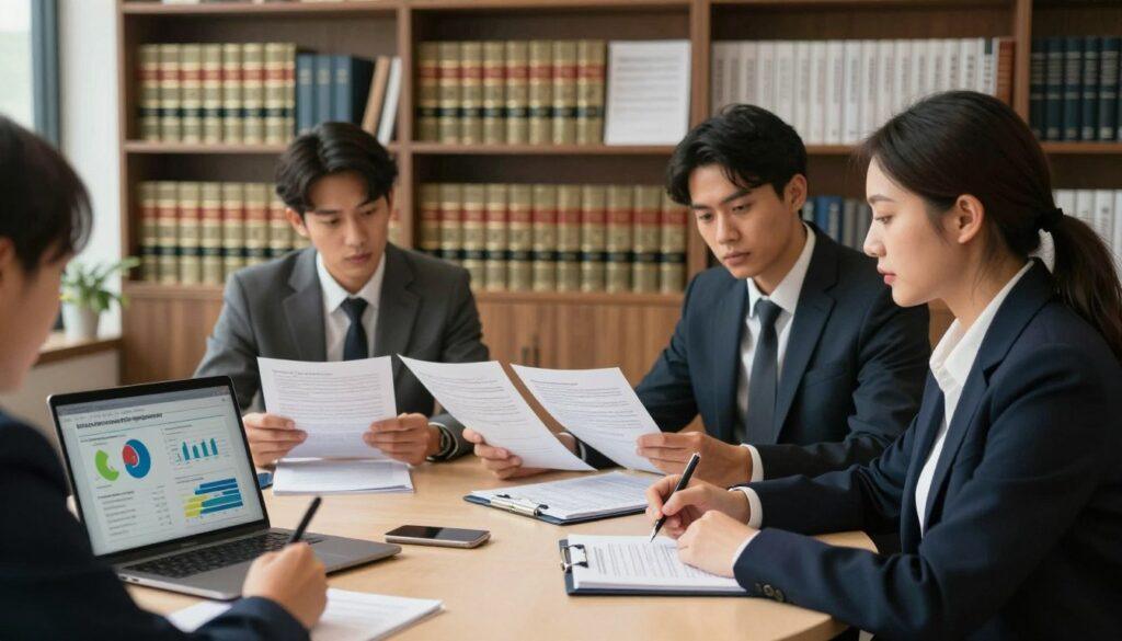 A modern office setting showcasing a round table with a diverse group of professionals in business attire engaged in a serious discussion about sports betting compliance. In the foreground, a confident woman points to a digital presentation on her laptop, displaying charts and case studies related to betting regulations. The middle ground features two men reviewing printed reports, while a focused individual jots notes on a legal pad. The background consists of bookshelves filled with law texts and compliance manuals, illuminated by warm, diffused lighting to create an inviting atmosphere. The composition should capture a sense of collaboration and strategic thinking, with a hint of urgency in the professionals' expressions. Ensure a well-balanced perspective, shot from eye level to emphasize engagement and professionalism.