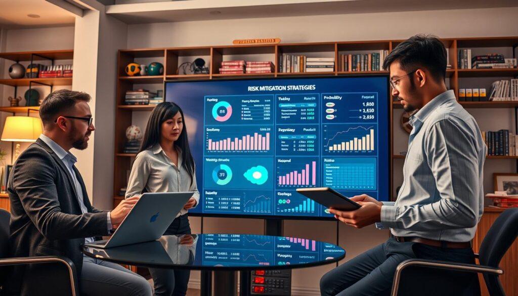 A modern office setting showcasing effective risk mitigation strategies in sports betting. In the foreground, a diverse group of three professionals in smart casual clothing, one analyzing data on a laptop and another discussing strategies with a tablet in hand. In the middle, a large interactive digital screen displays key metrics and charts of probability, odds, and risk assessment, blending a sleek, tech-savvy style. The background features shelves filled with sports memorabilia and books on betting strategies, creating an engaging, educational ambiance. Soft, warm lighting enhances the collaborative atmosphere, emphasizing teamwork and focus. The angle should provide a dynamic view of both the group and the screen, capturing the essence of integrating tools into daily operations effectively. A modern office setting showcasing effective risk mitigation strategies in sports betting. In the foreground, a diverse group of three professionals in smart casual clothing, one analyzing data on a laptop and another discussing strategies with a tablet in hand. In the middle, a large interactive digital screen displays key metrics and charts of probability, odds, and risk assessment, blending a sleek, tech-savvy style. The background features shelves filled with sports memorabilia and books on betting strategies, creating an engaging, educational ambiance. Soft, warm lighting enhances the collaborative atmosphere, emphasizing teamwork and focus. The angle should provide a dynamic view of both the group and the screen, capturing the essence of integrating tools into daily operations effectively.