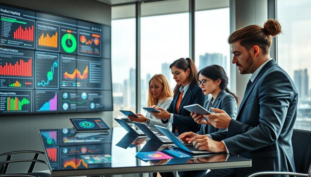 A modern, sleek office space serves as the setting, featuring a large digital display showcasing colorful data visualizations and analytics charts. In the foreground, a diverse group of professionals, dressed in formal business attire, collaborate around a high-tech table, engaging with predictive tools on tablets and laptops. Their expressions are focused and optimistic, conveying a sense of collaboration and innovation. The middle background features a large window with a cityscape view, indicating a high-stakes business environment. Soft, natural light filters in, enhancing the atmosphere of productivity and foresight. The image captures a harmonious balance of technology and teamwork, embodying the essence of predictive insights for proactive risk management.