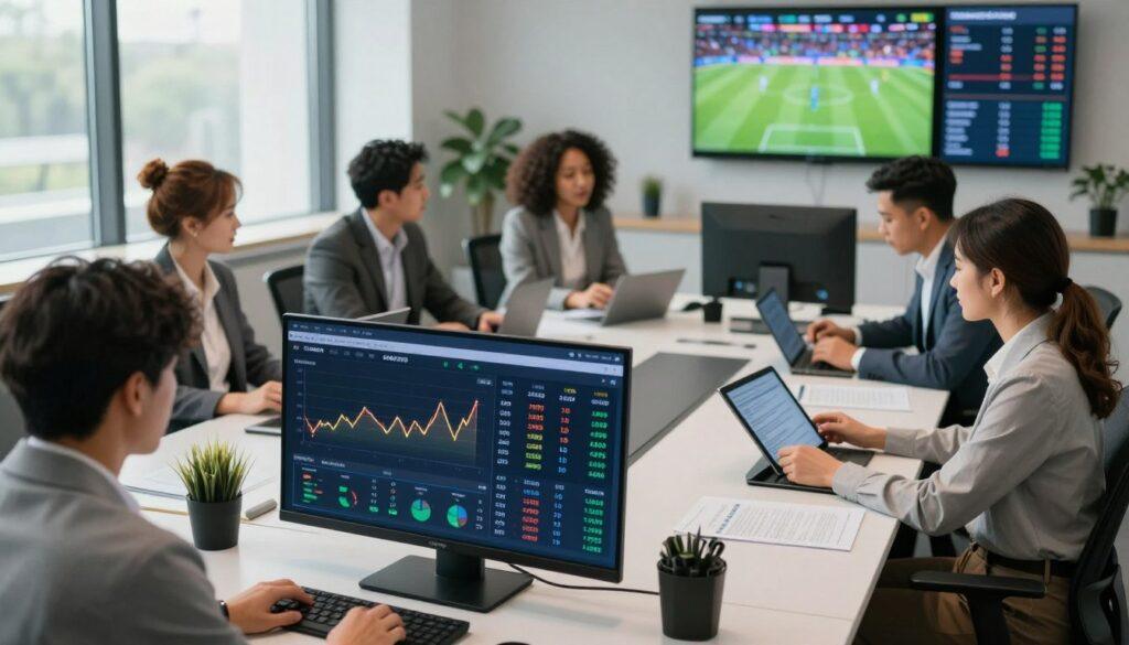 A modern sports betting management office, highlighting tools and techniques for risk culture development. In the foreground, a sleek digital dashboard displaying real-time odds and risk analytics, surrounded by charts and graphs illustrating data trends. In the middle ground, a professional team of diverse individuals dressed in business attire discussing strategy, analyzing reports on tablets, and collaborating over a conference table. The background features large screens showing live sports events and statistics, accentuating the dynamic environment. The scene is well-lit with natural daylight streaming through large windows, creating an energetic yet focused atmosphere. The camera angle is slightly elevated, capturing both the collaborative spirit and the sophisticated technology that supports risk management in sports betting operations. A modern sports betting management office, highlighting tools and techniques for risk culture development. In the foreground, a sleek digital dashboard displaying real-time odds and risk analytics, surrounded by charts and graphs illustrating data trends. In the middle ground, a professional team of diverse individuals dressed in business attire discussing strategy, analyzing reports on tablets, and collaborating over a conference table. The background features large screens showing live sports events and statistics, accentuating the dynamic environment. The scene is well-lit with natural daylight streaming through large windows, creating an energetic yet focused atmosphere. The camera angle is slightly elevated, capturing both the collaborative spirit and the sophisticated technology that supports risk management in sports betting operations.