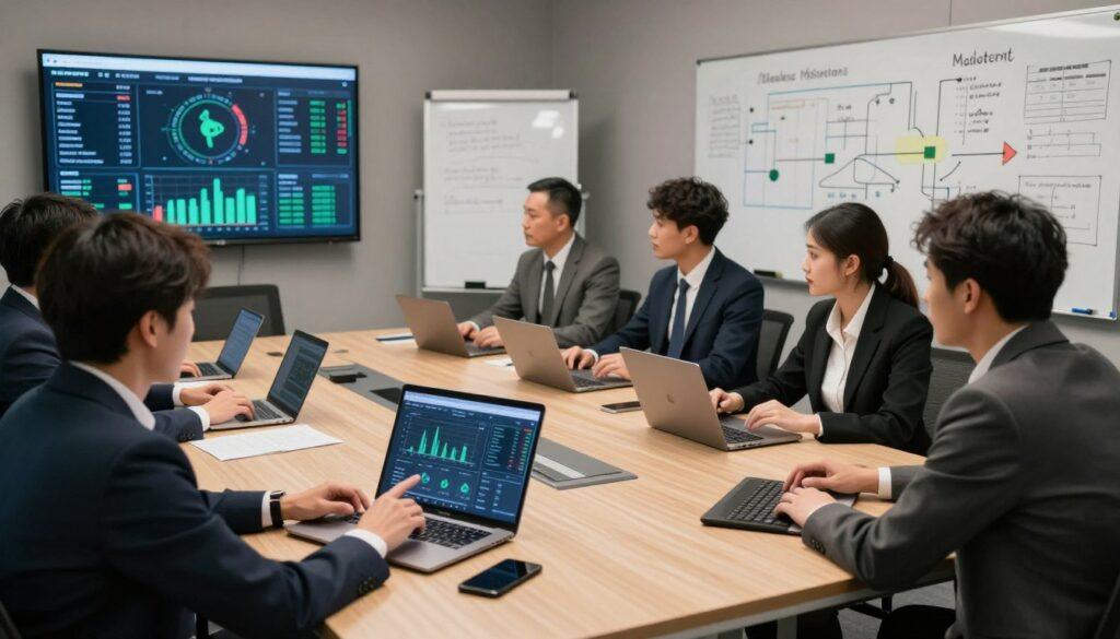 A professional and modern office environment serves as the backdrop, featuring a large conference table with diverse professionals in business attire engaged in discussions. In the foreground, a data analyst points at a laptop screen displaying graphs and indicators related to sports betting risk management. The middle ground includes a whiteboard filled with diagrams and notes on monitoring tools and techniques, complemented by digital displays showcasing real-time data analytics. Soft, focused lighting creates a collaborative atmosphere, while a wide-angle perspective emphasizes the teamwork and dynamic interactions. The overall mood is one of concentration and innovation, highlighting the importance of developing effective internal policies in sports betting.