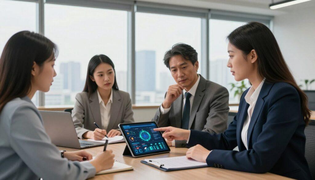 A professional business meeting in a sleek, modern office setting, depicting a diverse group of three business professionals engaged in a discussion about compliance integration. In the foreground, a confident woman in a tailored navy blue suit points to a digital tablet displaying colorful data visualizations. A middle-aged man in a gray suit nods thoughtfully, while a young woman in a smart blouse takes notes. In the middle background, a large window lets in soft, natural light, illuminating a city skyline. The atmosphere is collaborative and focused, emphasizing the importance of compliance and risk management strategies. Use a wide-angle lens to capture the depth of the space, with warm lighting to create an inviting environment. The image should convey professionalism and teamwork without any text or distractions.