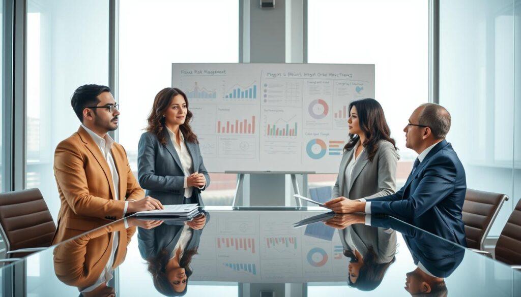 A professional business meeting scene set in a bright, modern conference room. In the foreground, a diverse group of four business professionals—two men and two women—dressed in formal business attire, are engaged in a serious discussion. They are gathered around a sleek glass table, with visible documents and a digital tablet showcasing data analysis. In the middle ground, a large whiteboard filled with charts and graphs symbolizes transparency in risk management practices. The background features floor-to-ceiling windows letting in natural light, creating a bright and open atmosphere. The mood is serious yet collaborative, reflecting integrity and ethical considerations in a risk management context. Use soft, diffused lighting to highlight the professionals while maintaining an atmosphere of professionalism. A professional business meeting scene set in a bright, modern conference room. In the foreground, a diverse group of four business professionals—two men and two women—dressed in formal business attire, are engaged in a serious discussion. They are gathered around a sleek glass table, with visible documents and a digital tablet showcasing data analysis. In the middle ground, a large whiteboard filled with charts and graphs symbolizes transparency in risk management practices. The background features floor-to-ceiling windows letting in natural light, creating a bright and open atmosphere. The mood is serious yet collaborative, reflecting integrity and ethical considerations in a risk management context. Use soft, diffused lighting to highlight the professionals while maintaining an atmosphere of professionalism.