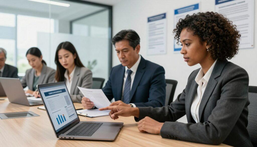 A professional office setting depicting a diverse group of serious business professionals engaged in a discussion about regulatory compliance in sports betting. In the foreground, a mid-30s Black woman in a smart business suit is pointing at a laptop screen displaying charts and compliance documents. In the middle background, a middle-aged Hispanic man dressed in a formal suit is reviewing paperwork, while a young Asian woman takes notes on a clipboard. The office features modern decor with glass walls and an array of compliance-related posters. Bright, natural light floods the room from large windows. Capture a focused and collaborative atmosphere, highlighting the importance of compliance, with soft, even lighting to enhance clarity. Use a wide-angle lens to encompass the group’s interaction and the workspace. A professional office setting depicting a diverse group of serious business professionals engaged in a discussion about regulatory compliance in sports betting. In the foreground, a mid-30s Black woman in a smart business suit is pointing at a laptop screen displaying charts and compliance documents. In the middle background, a middle-aged Hispanic man dressed in a formal suit is reviewing paperwork, while a young Asian woman takes notes on a clipboard. The office features modern decor with glass walls and an array of compliance-related posters. Bright, natural light floods the room from large windows. Capture a focused and collaborative atmosphere, highlighting the importance of compliance, with soft, even lighting to enhance clarity. Use a wide-angle lens to encompass the group’s interaction and the workspace.