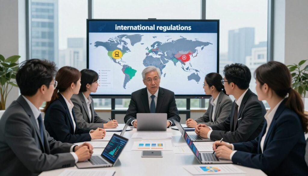 A professional setting symbolizing "international regulations" in the context of sports betting operations. In the foreground, a diverse group of business professionals in formal attire, including both men and women, engage in a discussion around a large, modern table scattered with documents, graphs, and digital tablets displaying data and regulations. The middle ground features a large screen projecting maps of global regions highlighted with regulatory symbols, alongside intricate charts showing compliance strategies. The background showcases high-rise windows revealing an urban skyline under soft, natural lighting illuminating the space, creating a focused yet collaborative atmosphere. The overall mood is serious yet dynamic, reflecting the urgency and importance of adapting to changing regulations.