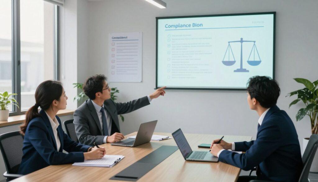 A sleek and modern office environment serves as the backdrop, filled with abstract representations of compliance standards such as checklists and balancing scales. In the foreground, a diverse group of three professionals, dressed in smart business attire, engage in a thoughtful discussion around a large conference table covered with reports and digital devices. One individual gestures towards a projected presentation on a wall, highlighting key compliance metrics. Soft, natural lighting filters through large windows, casting a warm glow that creates a productive atmosphere. The angle is slightly overhead, conveying a sense of organization and focus, while the color palette remains professional with blues and grays, illustrating the seriousness of overcoming challenges in compliance within sports betting. A sleek and modern office environment serves as the backdrop, filled with abstract representations of compliance standards such as checklists and balancing scales. In the foreground, a diverse group of three professionals, dressed in smart business attire, engage in a thoughtful discussion around a large conference table covered with reports and digital devices. One individual gestures towards a projected presentation on a wall, highlighting key compliance metrics. Soft, natural lighting filters through large windows, casting a warm glow that creates a productive atmosphere. The angle is slightly overhead, conveying a sense of organization and focus, while the color palette remains professional with blues and grays, illustrating the seriousness of overcoming challenges in compliance within sports betting.